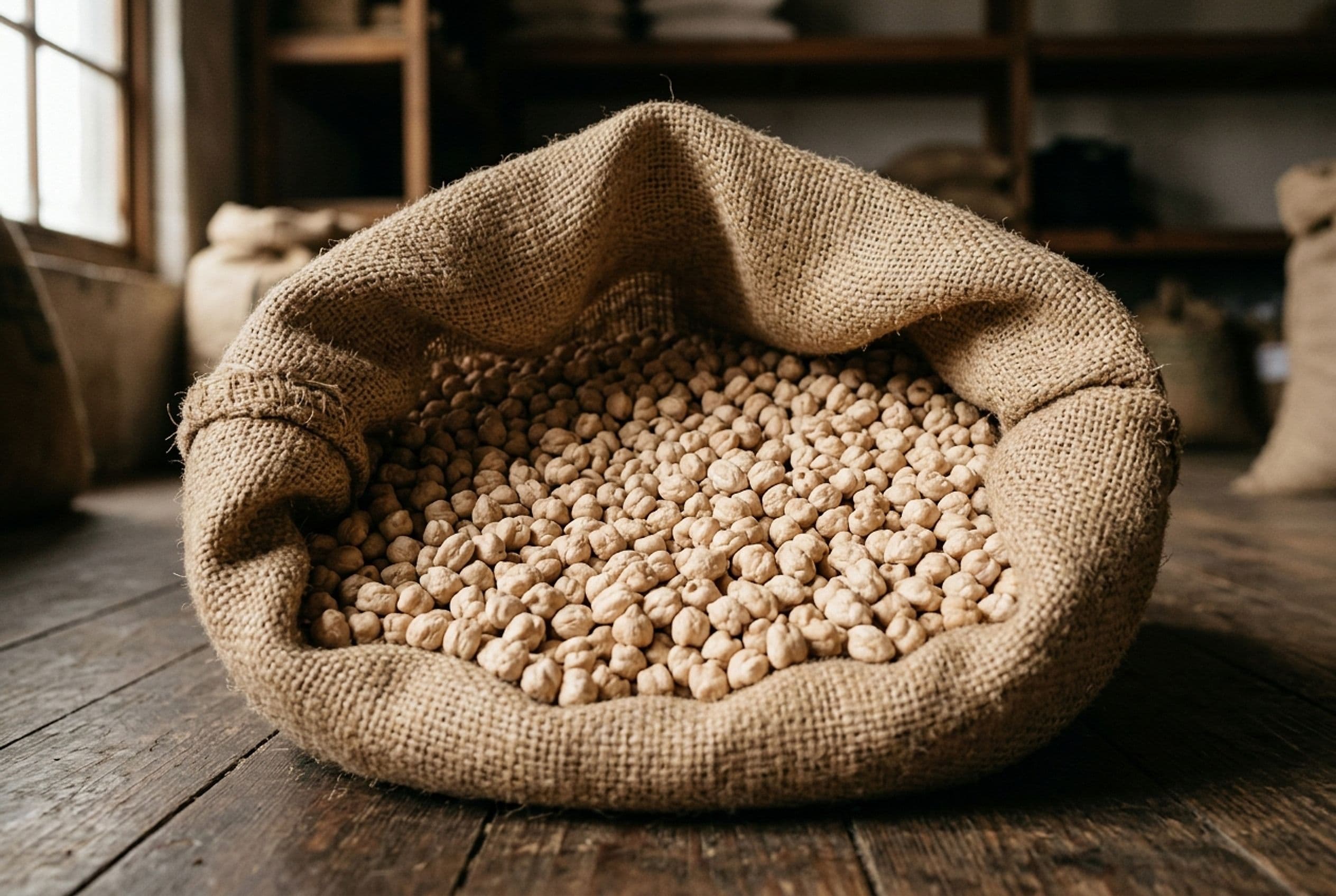 An open burlap sack filled with dried kabuli chickpeas in a warehouse