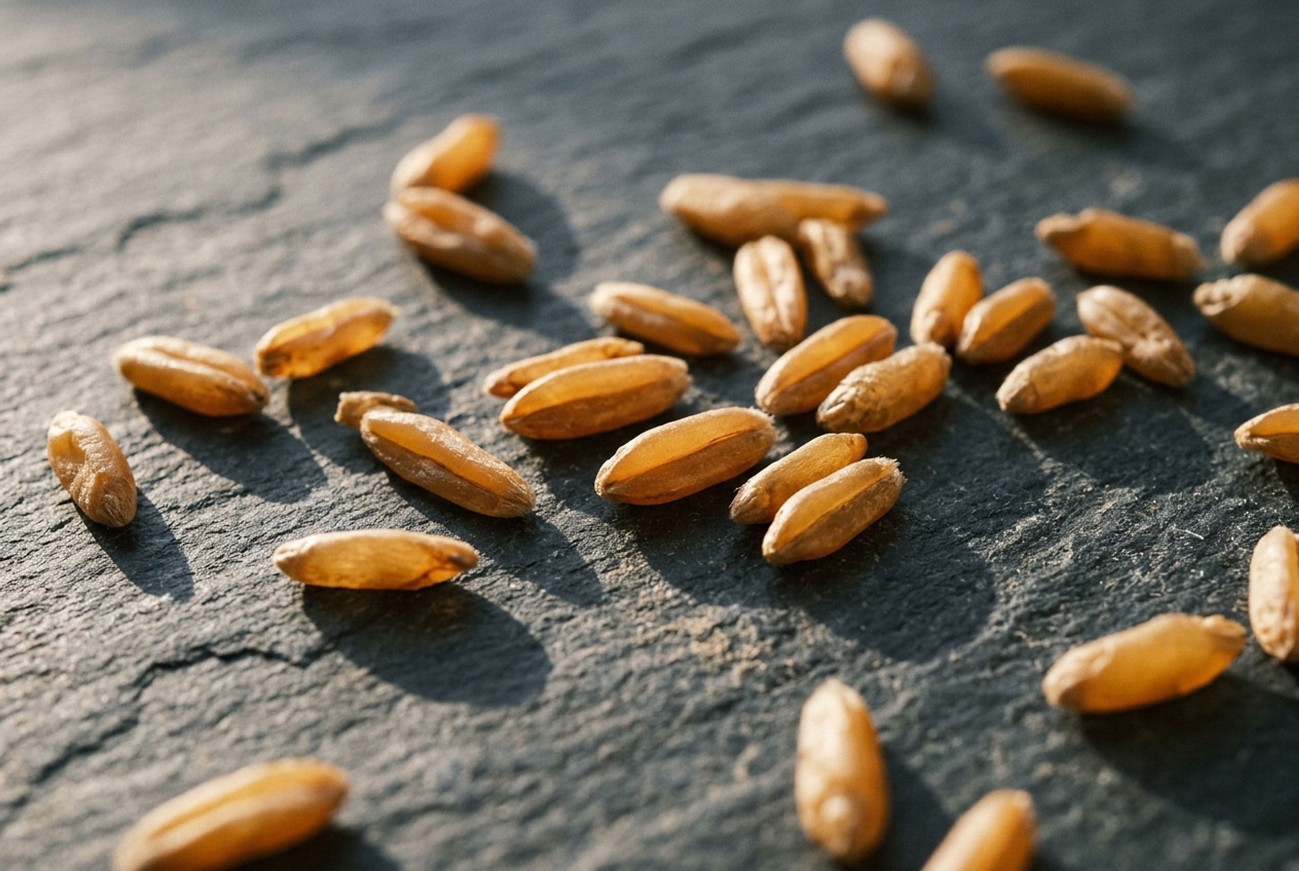 Elongated amber Khorasan (Kamut) wheat berries scattered on dark slate