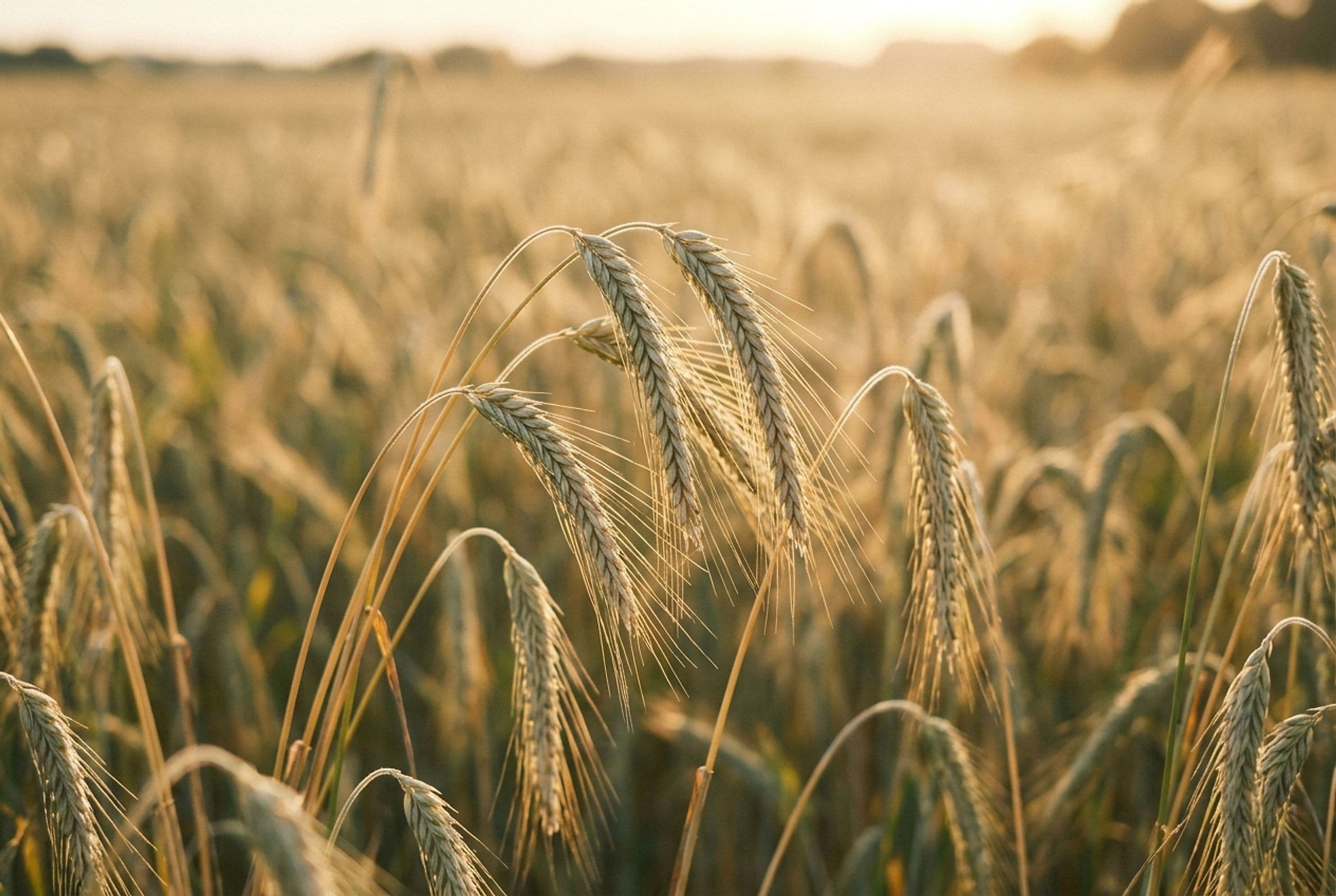 Ripe rye seed heads backlit by golden-hour sun in a prairie field
