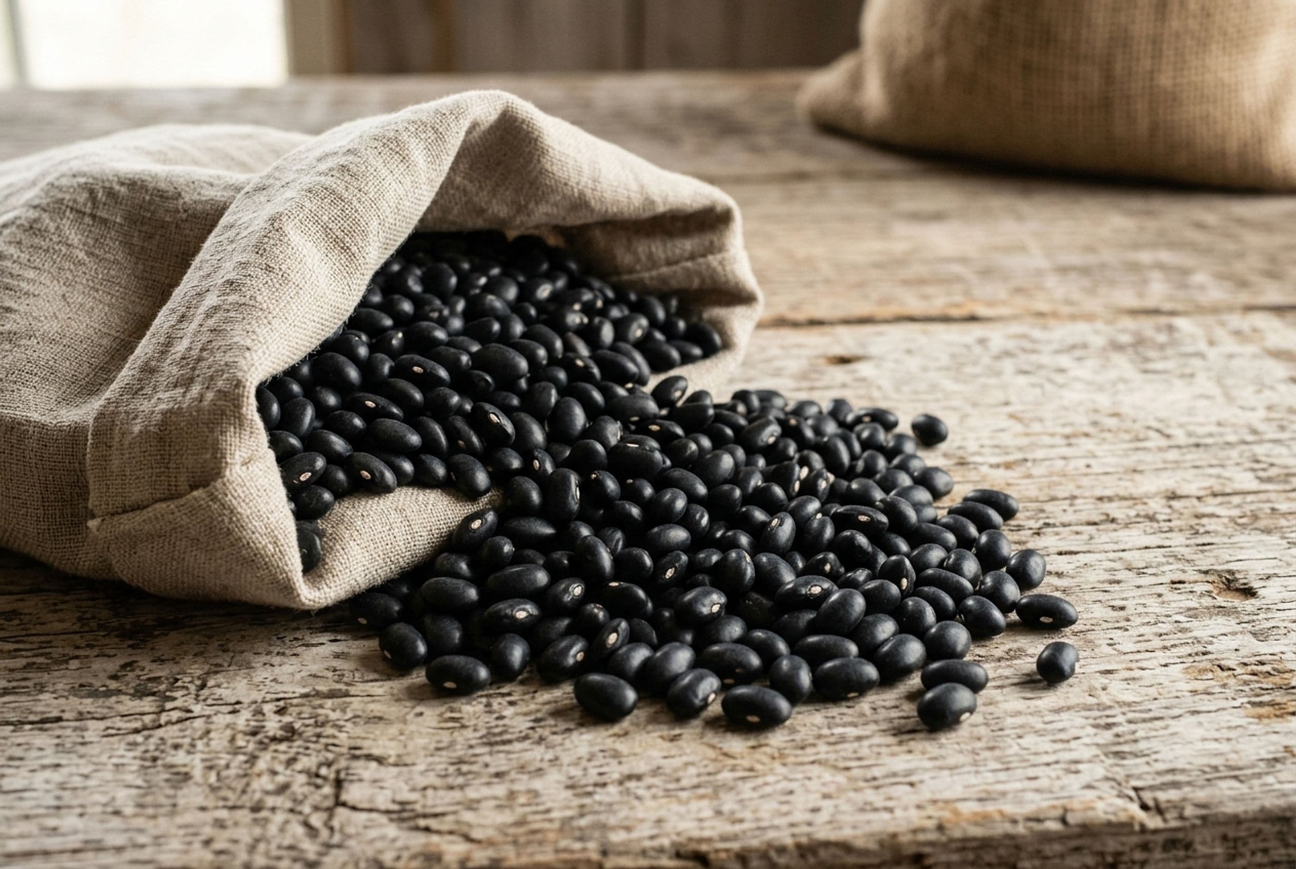 Dried black turtle beans spilling from a cloth sack onto weathered wood