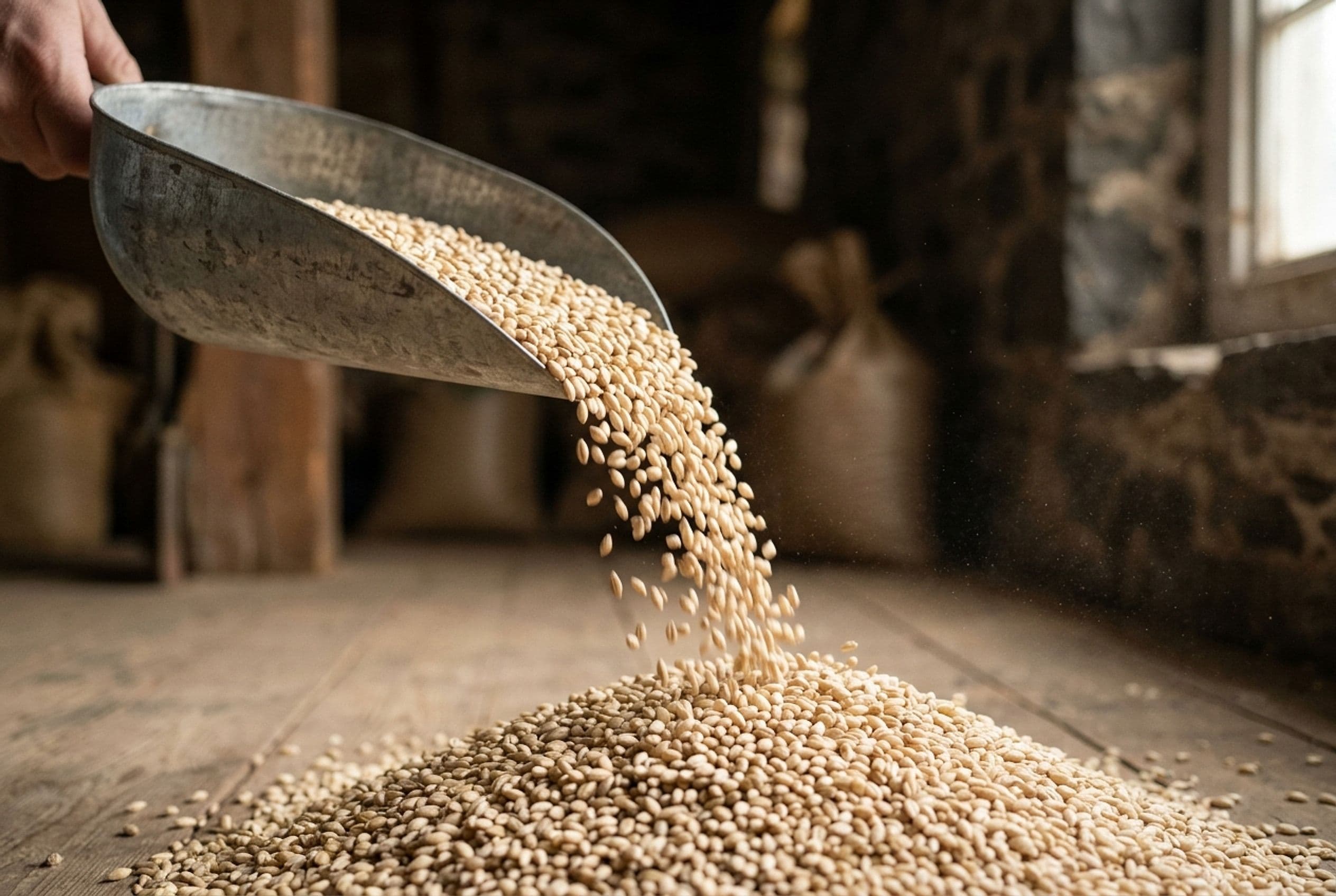 Hulless barley grain pouring from a metal scoop into a pile below