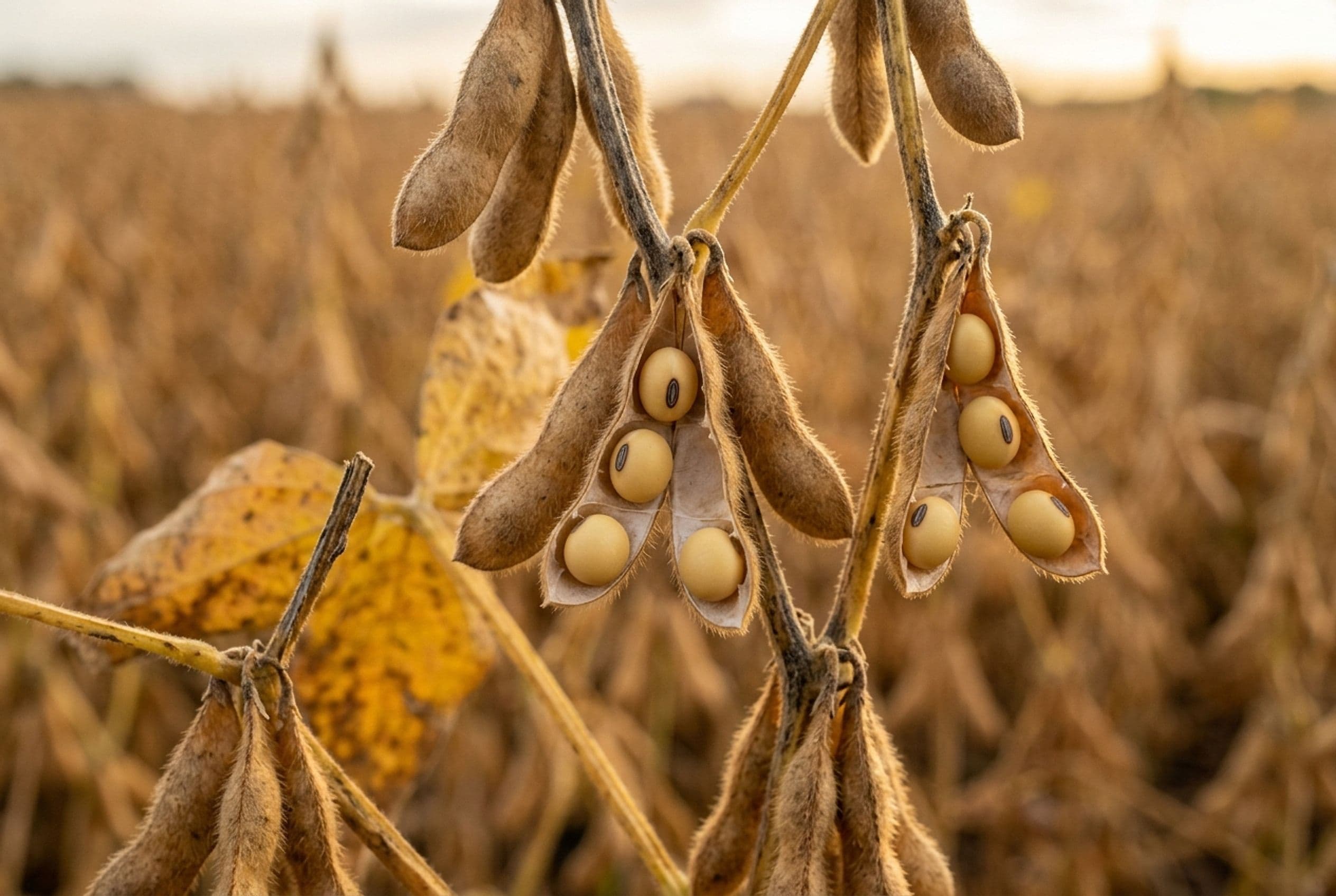 Ripe soybean pods splitting open on the plant to reveal pale straw-yellow seeds